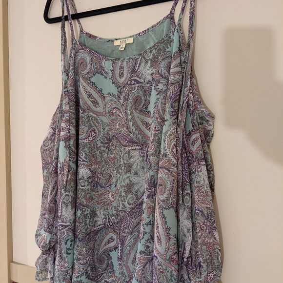 KORI Paisley Green and Purple Boho Cold Shoulder with Ties Top Size Large - Picture 5 of 11